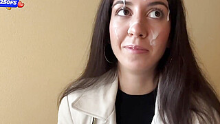 Wife Cheats her Husband in the Entrance and walks on Public with Cum on Face... Big Boobs Porn Video