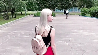 Hot Blonde in Red Skirt Sucks Cock on Balcony Big Boobs Porn Video