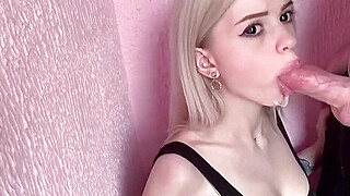 Hot Blonde in Red Skirt Sucks Cock on Balcony Big Boobs Porn Video