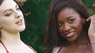 Poolside shoot becomes a horny oil fueled threesome Big Boobs Porn Video