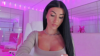 Brunette Beauty Nude Tease on Webcam in Neon Pink Room Big Boobs Porn Video